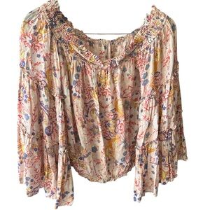 Free‎ People Spirit Belle Sleeve Retro Floral Print Blouse Off Shoulder Size S
